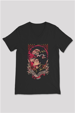 Attack On Titan Baskılı Unisex Siyah V Yaka Tişört - Tshirt