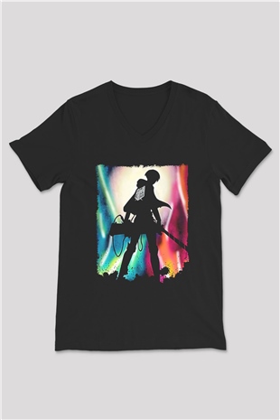 Attack On Titan Baskılı Unisex Siyah V Yaka Tişört - Tshirt