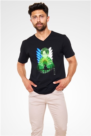 Attack On Titan Baskılı Unisex Siyah V Yaka Tişört - Tshirt