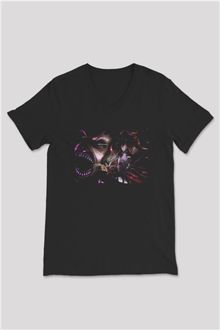 Attack On Titan Baskılı Unisex Siyah V Yaka Tişört - Tshirt
