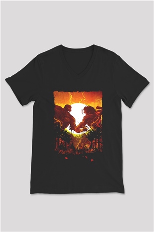 Attack On Titan Baskılı Unisex Siyah V Yaka Tişört - Tshirt
