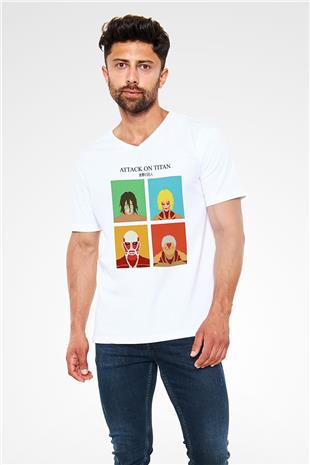 Attack On Titan Baskılı Unisex Siyah V Yaka Tişört - Tshirt