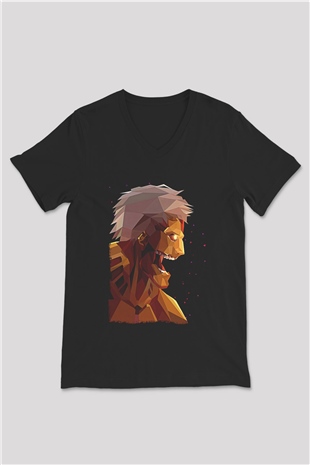Attack On Titan Baskılı Unisex Siyah V Yaka Tişört - Tshirt
