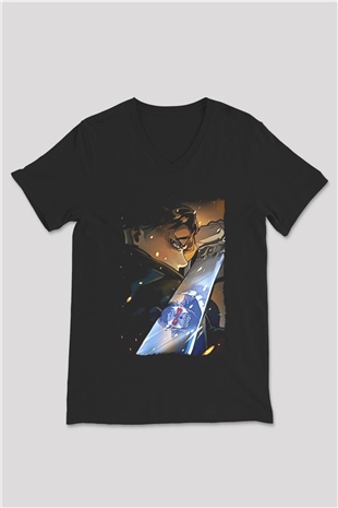 Attack On Titan Baskılı Unisex Siyah V Yaka Tişört - Tshirt