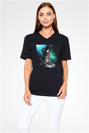 Attack On Titan Baskılı Unisex Siyah V Yaka Tişört - Tshirt