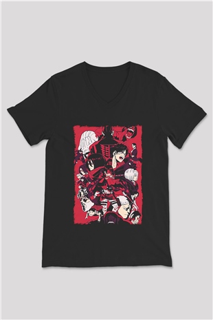 Attack On Titan Baskılı Unisex Siyah V Yaka Tişört - Tshirt