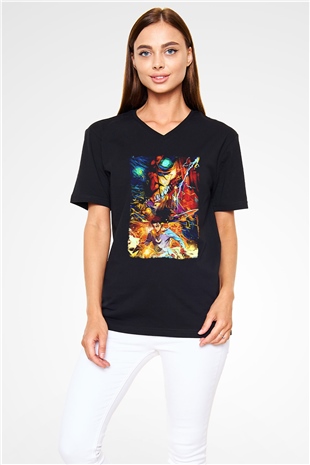 Attack On Titan Baskılı Unisex Siyah V Yaka Tişört - Tshirt