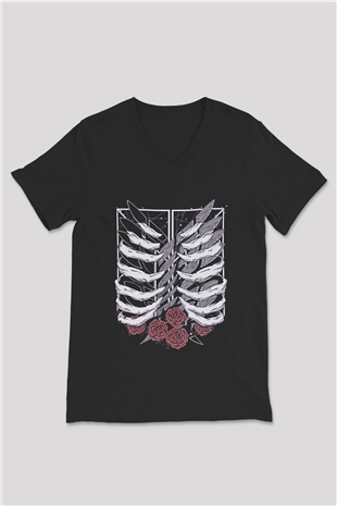 Attack On Titan Baskılı Unisex Siyah V Yaka Tişört - Tshirt