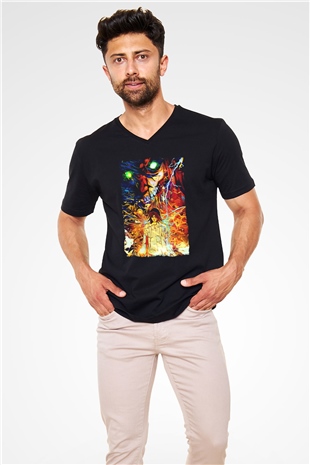 Attack On Titan Baskılı Unisex Siyah V Yaka Tişört - Tshirt
