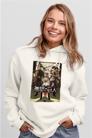 Attack on Titan Beyaz Unisex Kapşonlu Sweatshirt
