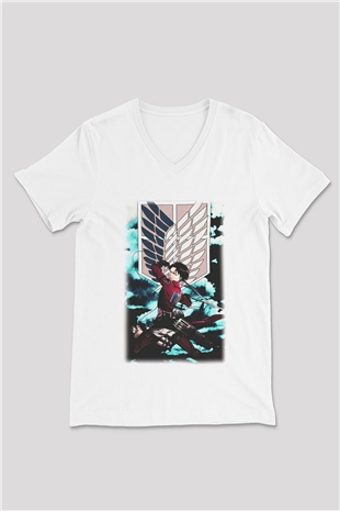 Attack on Titan Beyaz Unisex V Yaka Tişört T-Shirt