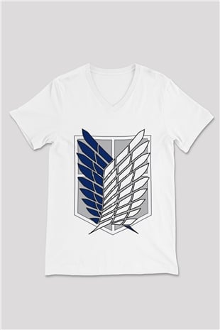 Attack on Titan Beyaz Unisex V Yaka Tişört T-Shirt