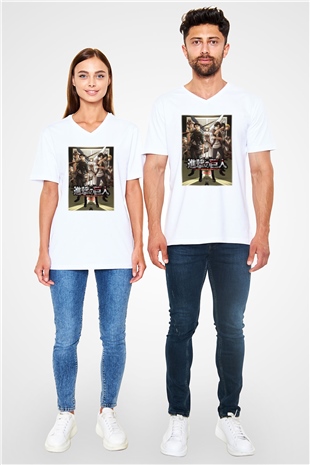 Attack on Titan Beyaz Unisex V Yaka Tişört T-Shirt