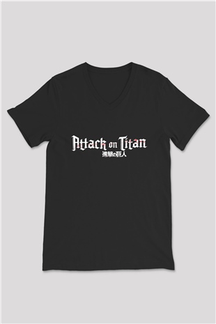 Attack on Titan Siyah Unisex V Yaka Tişört T-Shirt