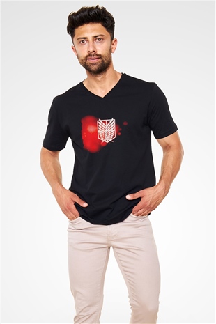 Attack on Titan Siyah Unisex V Yaka Tişört