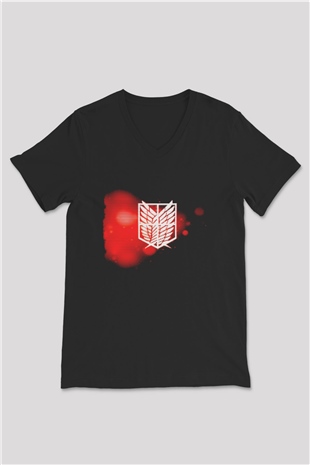 Attack on Titan Siyah Unisex V Yaka Tişört