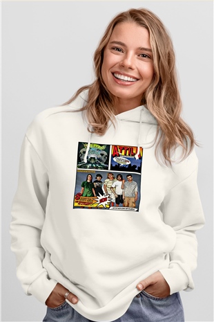 Attila Baskılı Unisex Beyaz Hoodie