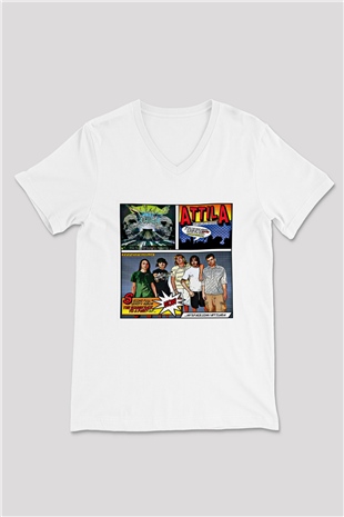 Attila Baskılı Unisex Beyaz V Yaka Tişört