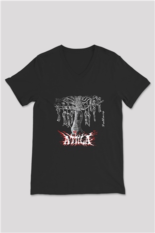Attila Baskılı Unisex Siyah V Yaka Tişört