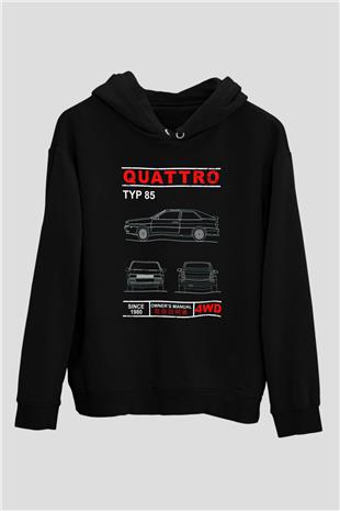Audi Quattro Baskılı Unisex Siyah Hoodie