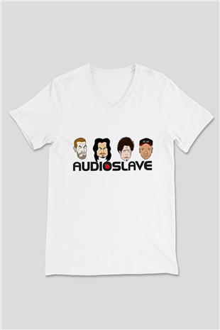 Audioslave Baskılı Beyaz Unisex V Yaka Tişört - Tshirt