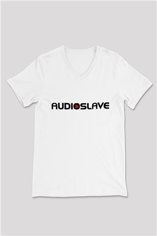 Audioslave Baskılı Beyaz Unisex V Yaka Tişört - Tshirt