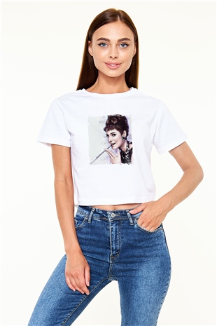 Audrey Hepburn Baskılı Beyaz Kadın Crop Top Tişört