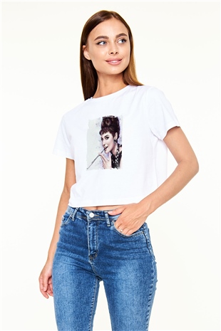Audrey Hepburn Baskılı Beyaz Kadın Crop Top Tişört