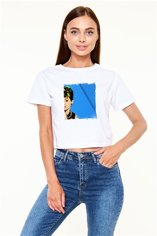 Audrey Hepburn Baskılı Beyaz Kadın Crop Top Tişört