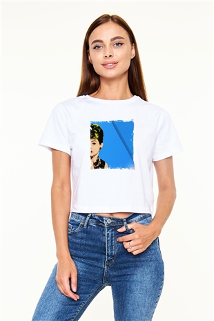 Audrey Hepburn Baskılı Beyaz Kadın Crop Top Tişört