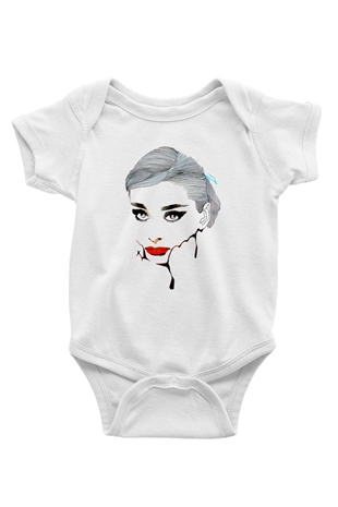 Audrey Hepburn Baskılı Beyaz Unisex Bebek Body - Zıbın