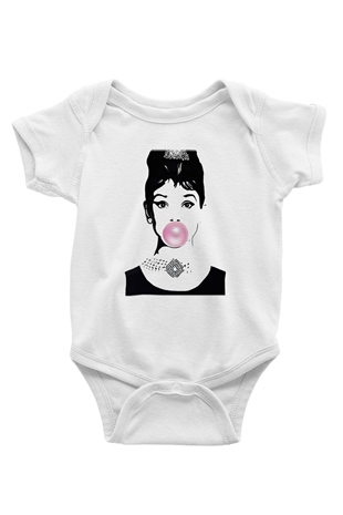 Audrey Hepburn Baskılı Beyaz Unisex Bebek Body - Zıbın