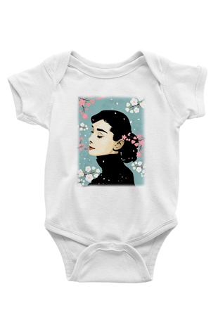 Audrey Hepburn Baskılı Beyaz Unisex Bebek Body - Zıbın