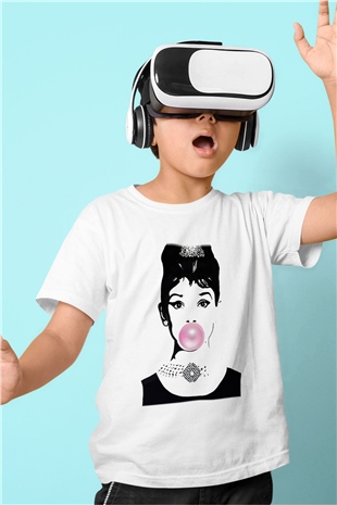 Audrey Hepburn Baskılı Beyaz Unisex Çocuk Tişört