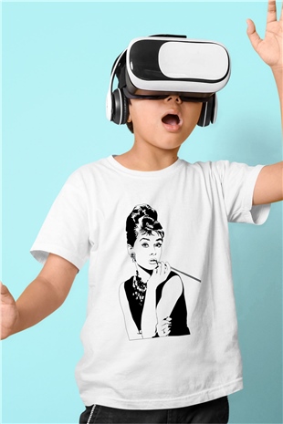 Audrey Hepburn Baskılı Beyaz Unisex Çocuk Tişört