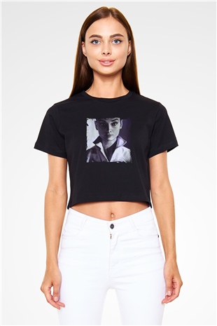 Audrey Hepburn Baskılı Siyah Kadın Crop Top Tişört