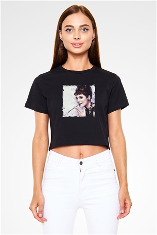 Audrey Hepburn Baskılı Siyah Kadın Crop Top Tişört