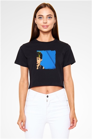 Audrey Hepburn Baskılı Siyah Kadın Crop Top Tişört