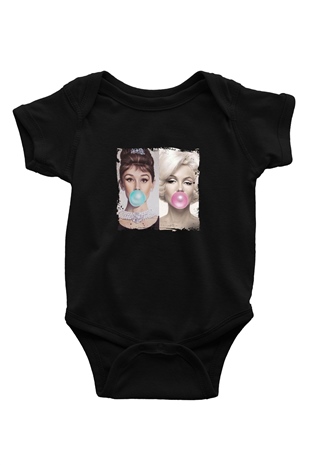 Audrey Hepburn Baskılı Unisex Siyah Bebek Body - Zıbın