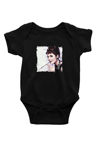 Audrey Hepburn Baskılı Unisex Siyah Bebek Body - Zıbın