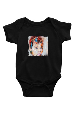 Audrey Hepburn Baskılı Unisex Siyah Bebek Body - Zıbın