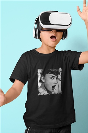 Audrey Hepburn Baskılı Unisex Siyah Çocuk Tişört