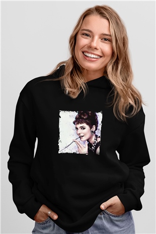 Audrey Hepburn Baskılı Unisex Siyah Hoodie