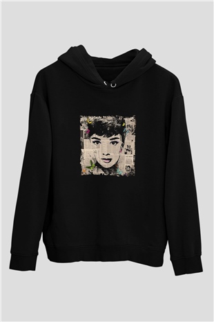 Audrey Hepburn Baskılı Unisex Siyah Hoodie