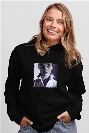 Audrey Hepburn Baskılı Unisex Siyah Hoodie