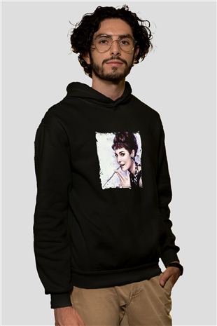 Audrey Hepburn Baskılı Unisex Siyah Hoodie
