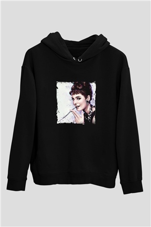 Audrey Hepburn Baskılı Unisex Siyah Hoodie