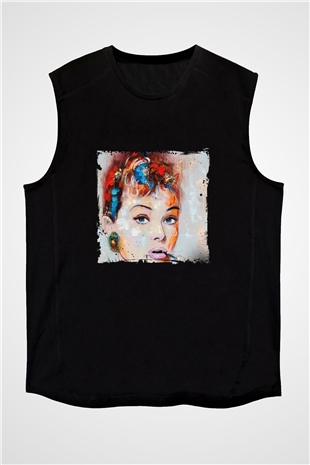 Audrey Hepburn Baskılı Unisex Siyah Kolsuz Tişört