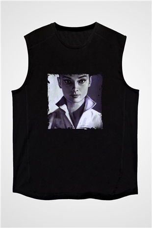 Audrey Hepburn Baskılı Unisex Siyah Kolsuz Tişört