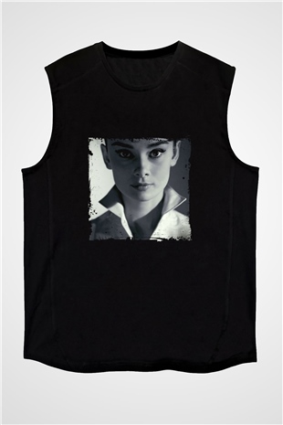 Audrey Hepburn Baskılı Unisex Siyah Kolsuz Tişört